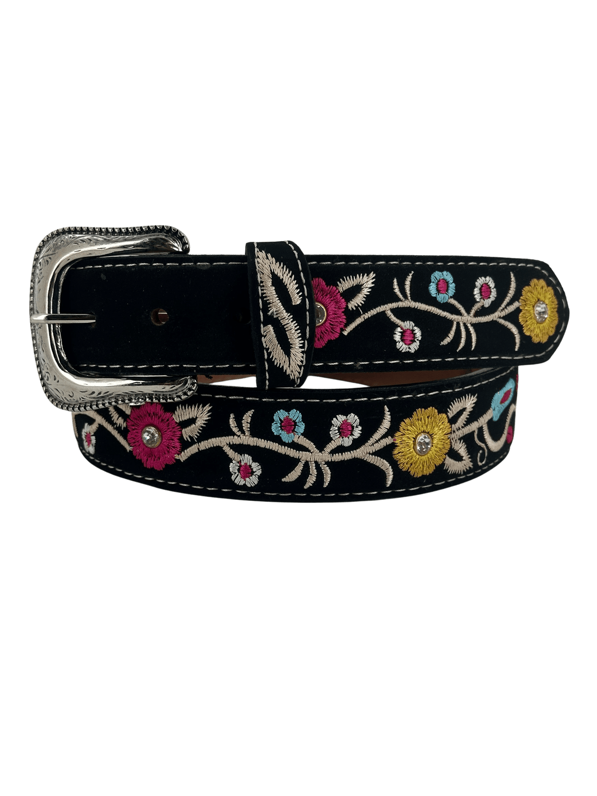 Women's Black Nobuck with Yellow and Fuchsia Flowers Silk Thread