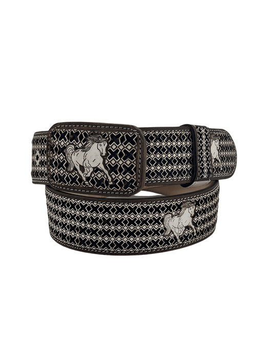 Brown and Black with White Running Horse Chiseled Charro Leather Belt