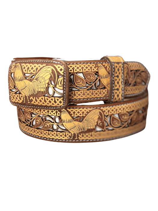 Brown & Gold Standing Rooster Chiseled Charro Leather Belt V1