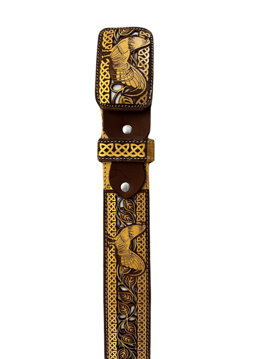 Brown & Gold Standing Rooster Chiseled Charro Leather Belt V1