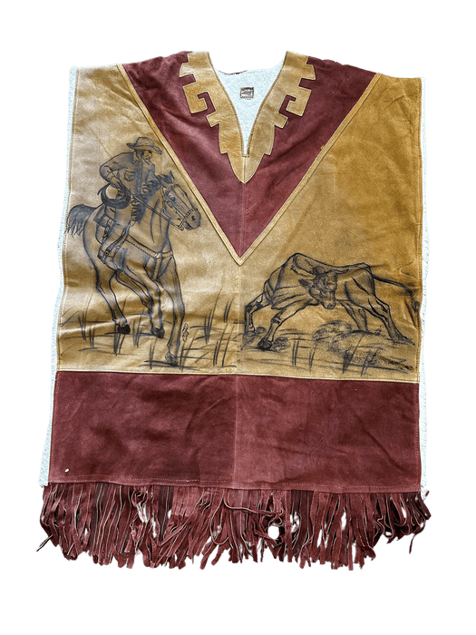 Cowboy Riding Horse with Bull Leather Poncho With Fur Inside