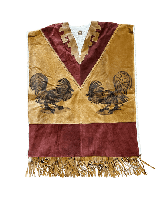 2 Standing Roosters Leather Poncho With Fur Inside