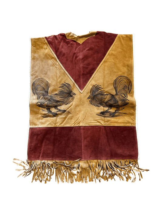 2 Standing Roosters Leather Poncho With Fur Inside