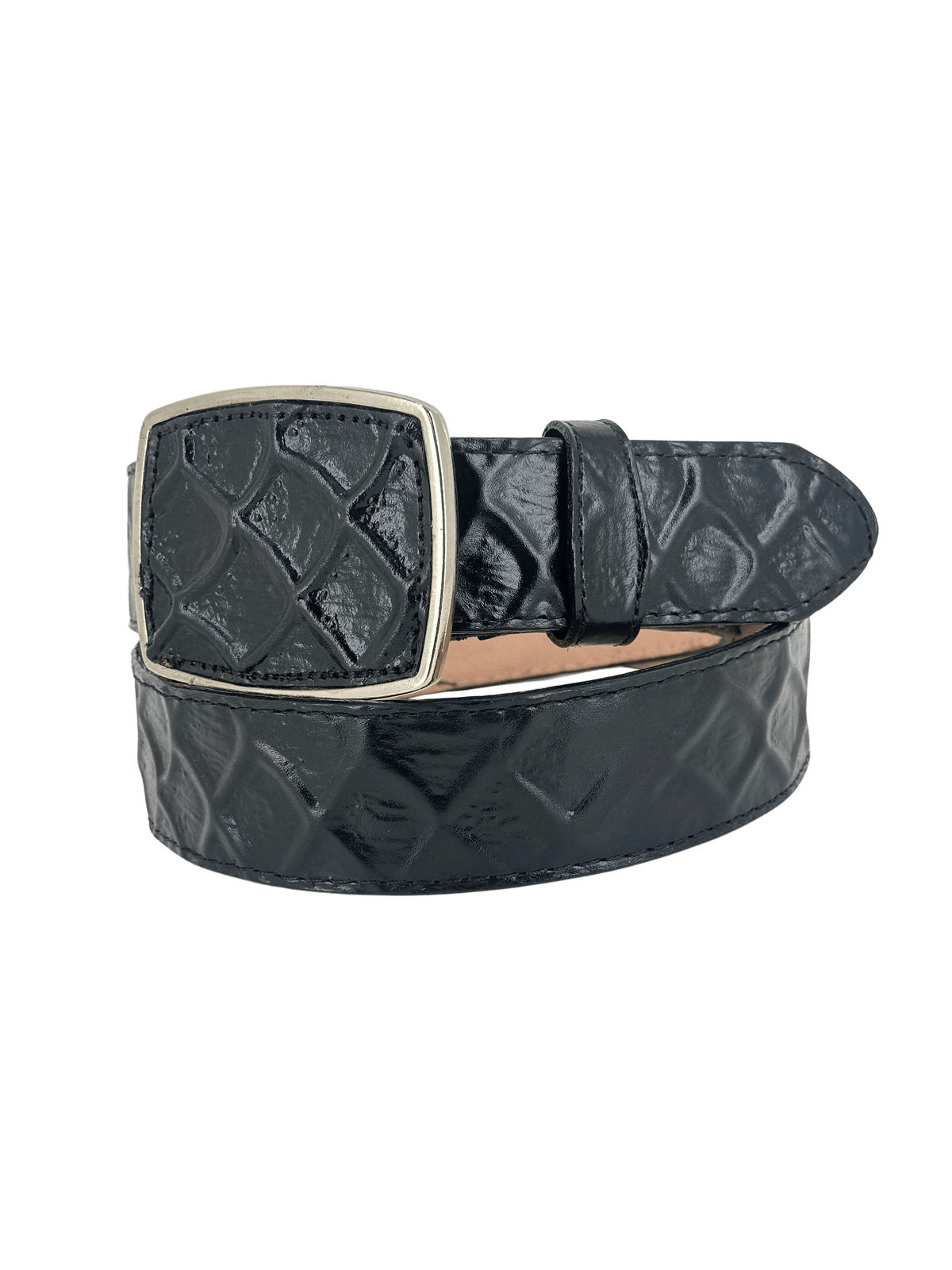 Black Full Pirarucu Print Ovaled Square Buckle Leather Western 