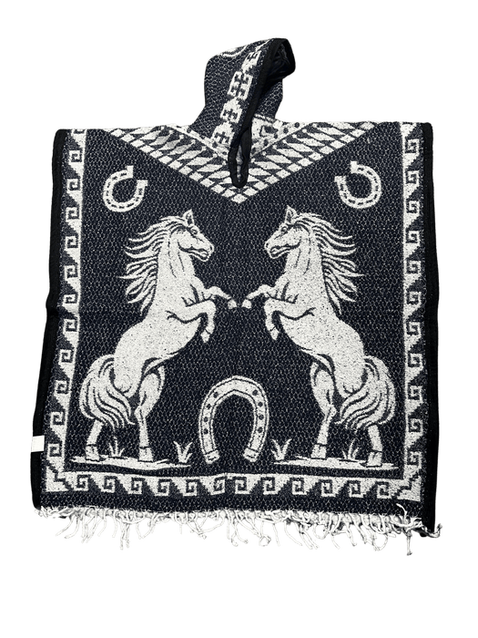 Navy Blue and White Horses Poncho/Gaban with Hoodie / Gorro