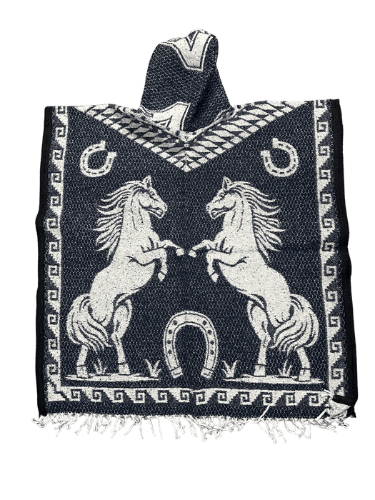 Navy Blue and White Horses Poncho/Gaban with Hoodie / Gorro