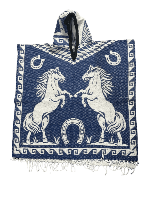 Blue and White Horses Poncho/Gaban with Hoodie / Gorro