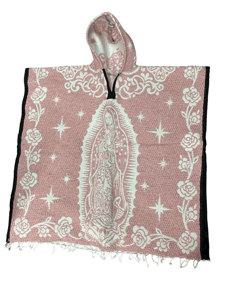 Light Pink and White Virgen de Guadalupe Poncho/Gaban with Hoodie