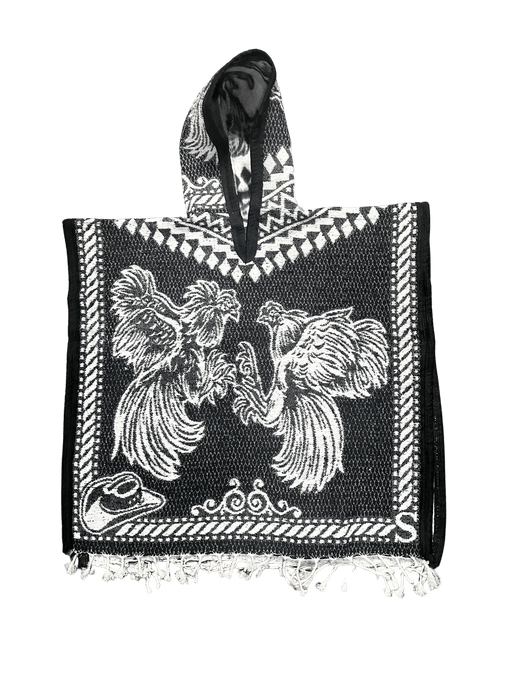 Youth Black and White Roosters Fighting Poncho/Gaban with Hoodie / Gorro