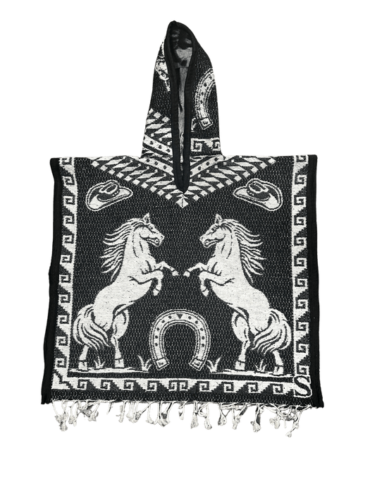 Youth Black and White Horses Poncho/Gaban with Hoodie / Gorro