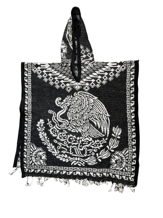 Youth Black and White "Escudo de Mexico" with Warrior Carrying Sleeping Woman Poncho/Gaban with Hoodie / Gorro