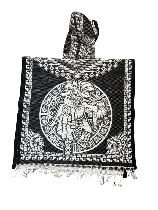 Youth Black and White "Escudo de Mexico" with Warrior Carrying Sleeping Woman Poncho/Gaban with Hoodie / Gorro