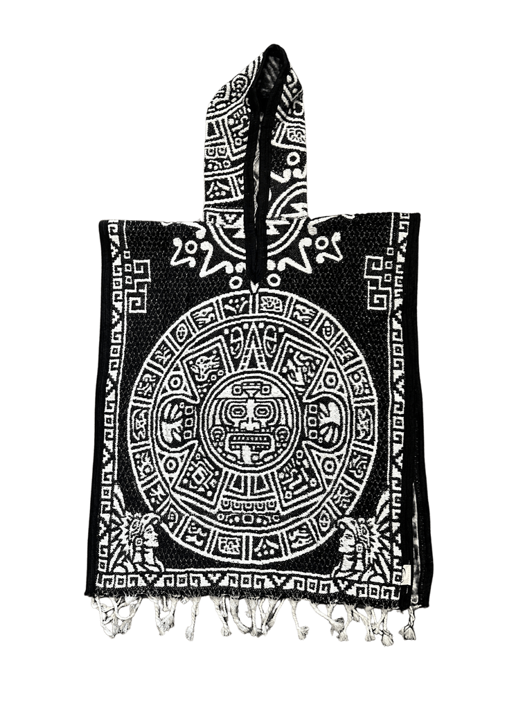 Youth Black and White Aztec Calendar Poncho Gaban with Hoodie