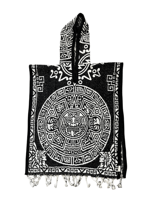 Youth Black and White Aztec Calendar Poncho/Gaban with Hoodie / Gorro