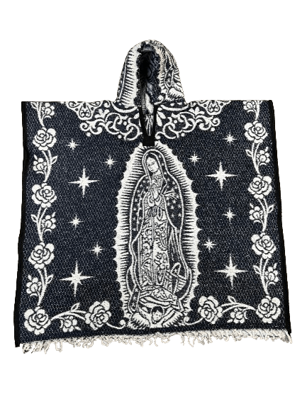 Navy Blue and White Virgen de Guadalupe Poncho/Gaban with Hoodie / Gorro