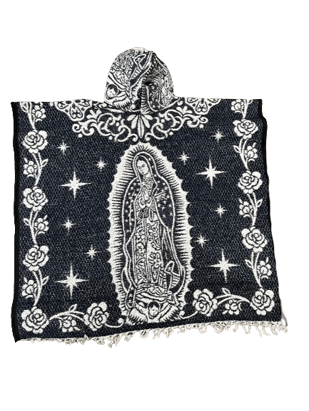 Navy Blue and White Virgen de Guadalupe Poncho/Gaban with Hoodie / Gorro
