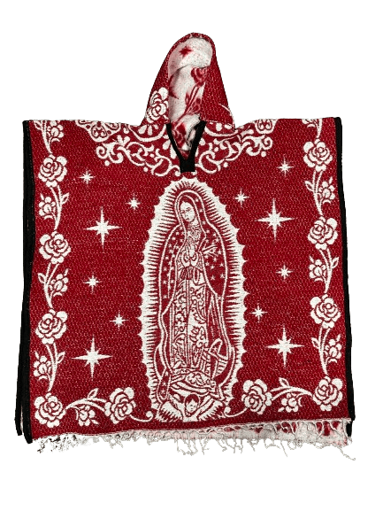 Red and White Virgen de Guadalupe Poncho/Gaban with Hoodie / Gorro