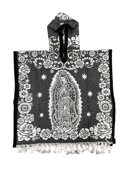 Youth Grey and White Virgen de Guadalupe Poncho/Gaban with Hoodie / Gorro