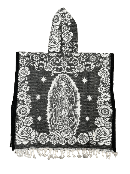 Youth Grey and White Virgen de Guadalupe Poncho/Gaban with Hoodie / Gorro