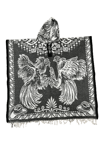 Grey and White Roosters Fighting Poncho/Gaban with Hoodie / Gorro