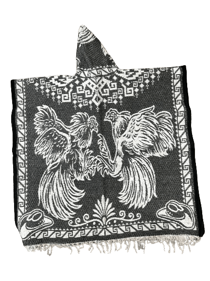 Grey and White Roosters Fighting Poncho/Gaban with Hoodie / Gorro