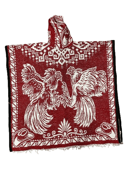 Red and White Roosters Fighting Poncho/Gaban with Hoodie / Gorro