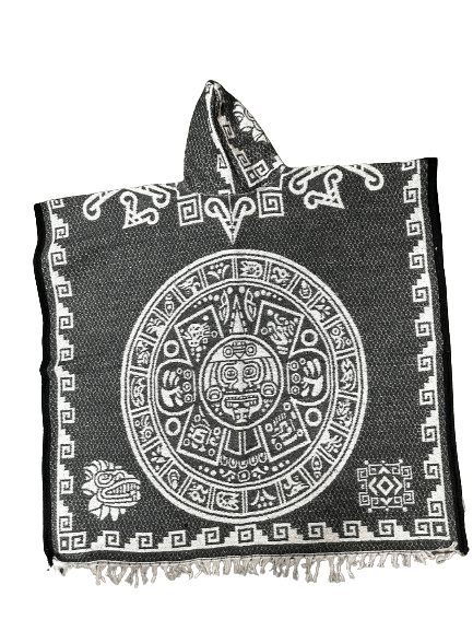 Grey and White Aztec Calendar with Aztec Warrior Poncho/Gaban with Hoodie / Gorro