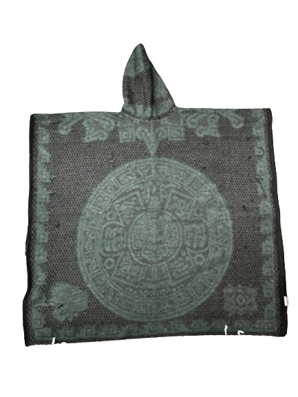 Black and Green Aztec Calendar with Aztec Warrior Poncho/Gaban with Hoodie / Gorro