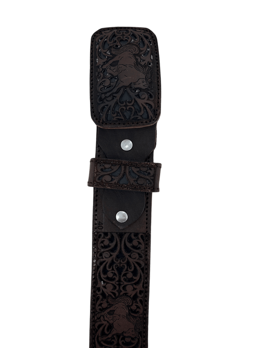 Brown with Black Running Horse Chiseled Charro Leather Belt