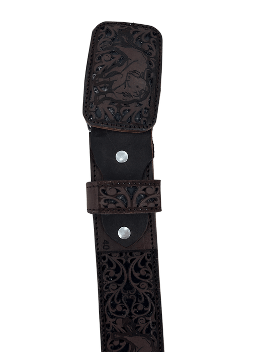 Brown with Black Standing Bull Chiseled Charro Leather Belt