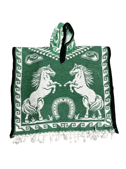 Youth Light Green and White Horses Poncho/Gaban with Hoodie / Gorro