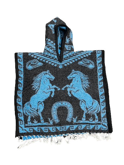 Youth Black and Blue Horses Poncho/Gaban with Hoodie / Gorro