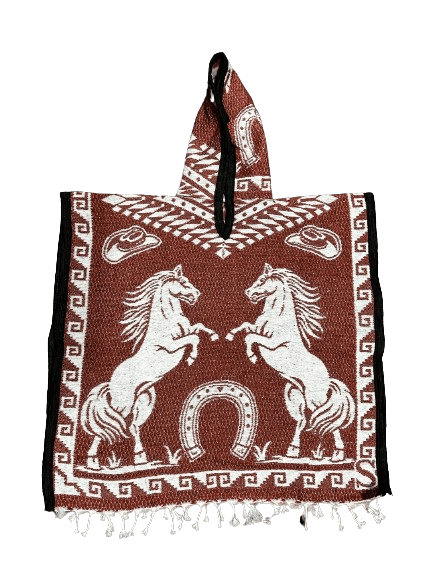 Youth Maroon and White Horses Poncho/Gaban with Hoodie / Gorro