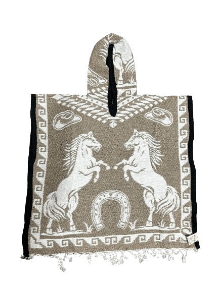 Youth Light Brown and White Horses Poncho/Gaban with Hoodie / Gorro