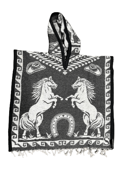 Youth Grey and White Horses Poncho/Gaban with Hoodie / Gorro