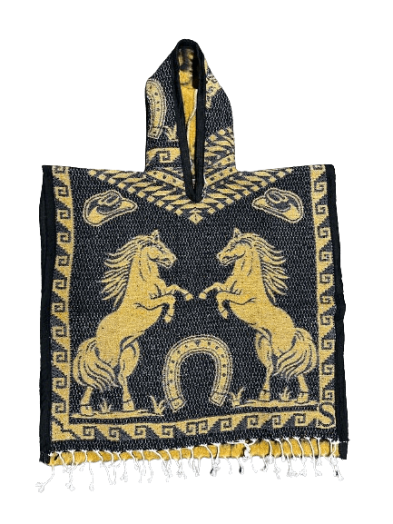 Youth Black and Gold Horses Poncho/Gaban with Hoodie / Gorro