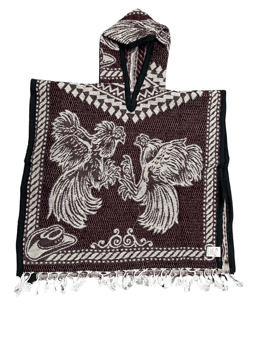 Youth Burgundy and Light Brown Roosters Fighting Poncho/Gaban with Hoodie / Gorro