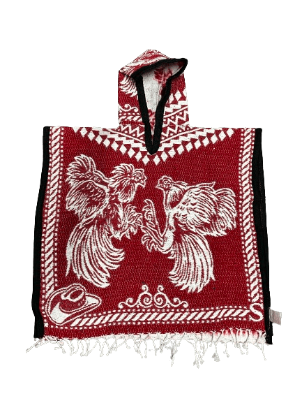 Youth Red and White Roosters Fighting Poncho/Gaban with Hoodie / Gorro