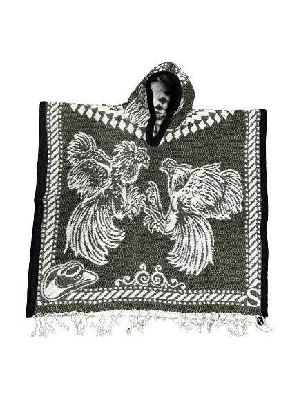 Youth Olive Green and White Roosters Fighting Poncho/Gaban with Hoodie / Gorro