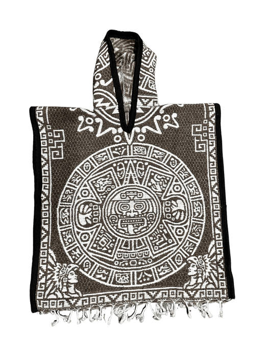 Youth Light Brown and White Aztec Calendar Poncho/Gaban with Hoodie / Gorro