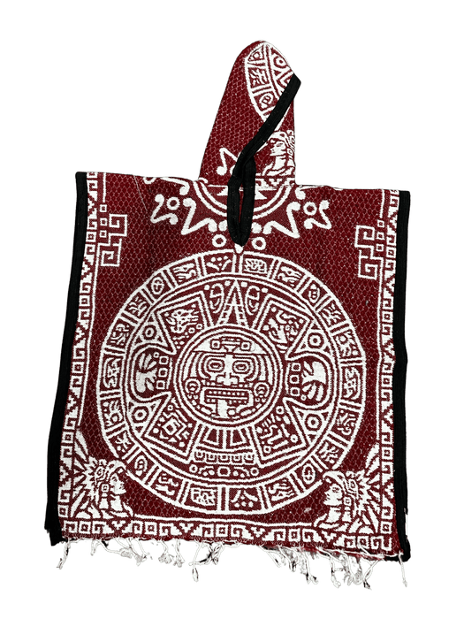 Youth Red and White Aztec Calendar Poncho/Gaban with Hoodie / Gorro