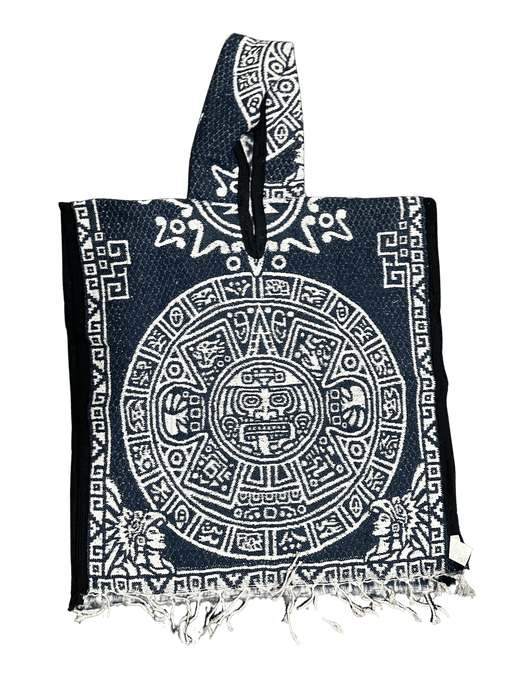 Youth Navy Blue and White Aztec Calendar Poncho/Gaban with Hoodie / Gorro