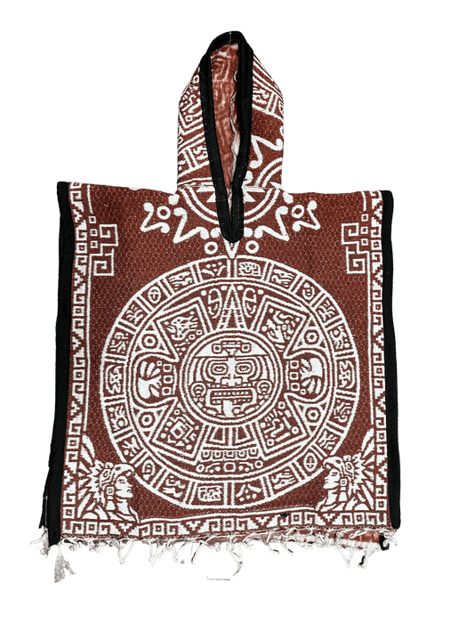 Youth Maroon and White Aztec Calendar Poncho/Gaban with Hoodie / Gorro