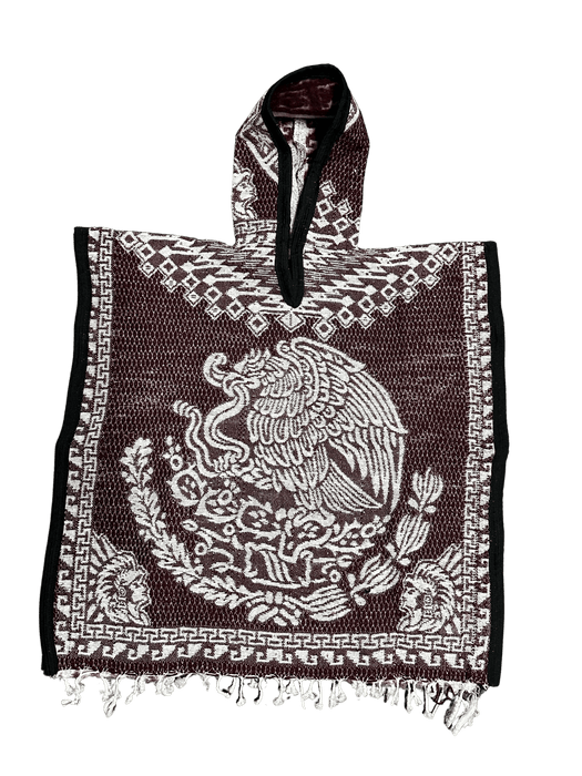 Youth Burgundy and White Mexico Eagle with Warrior Carrying Sleeping Woman Poncho/Gaban with Hoodie / Gorro