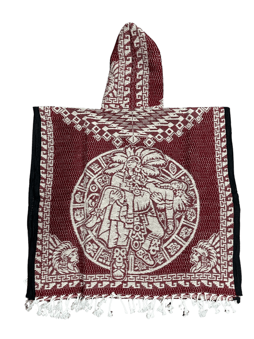 Youth Red and Light Brown Mexico Eagle with Warrior Carrying Sleeping Woman Poncho/Gaban with Hoodie / Gorro