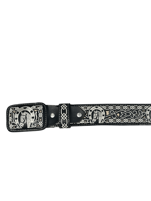 Black and White Horse Head in Horseshoe with Light Brown Silk Thread Charro Leather Belt