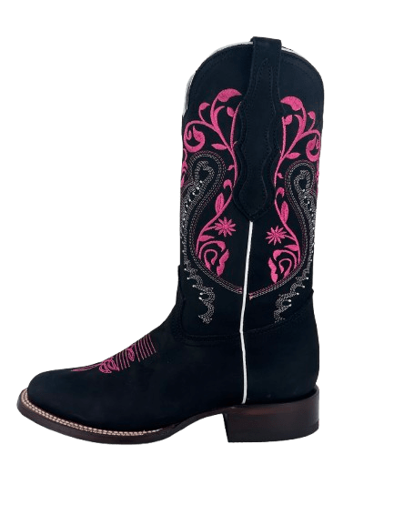 Women's Norma Black Nobuck with Hot Pink Stems Leather Square Toe Women's Norma Black Nobuck with Hot Pink Stems Leather Square Toe