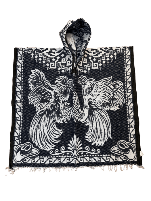 Navy Blue and White Roosters Fighting Poncho/Gaban with Hoodie / Gorro