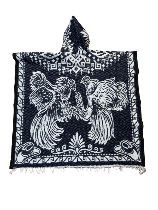 Navy Blue and White Roosters Fighting Poncho/Gaban with Hoodie / Gorro