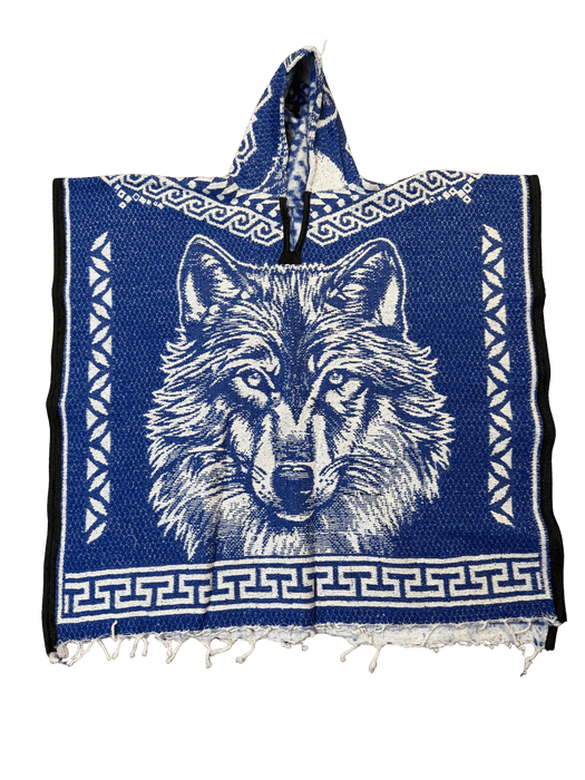 Blue and White Wolf "Pack Leader" Poncho / Gaban with Hoodie / Gorro